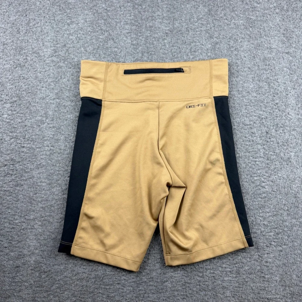 Nike Dri-FIT Womens Biker Shorts Tan Black High Waist Zip Pocket Small 202201190